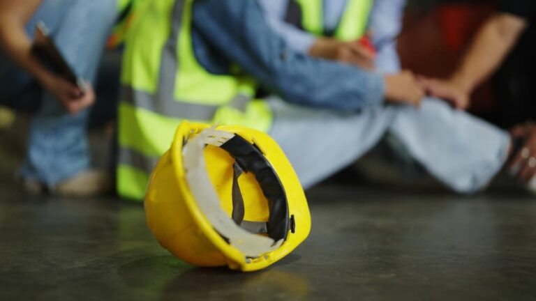 An industrial worker with leg pain receiving first aid from a coworker after a workplace injury in Toyota Manufacturing Factory in Huntsville.