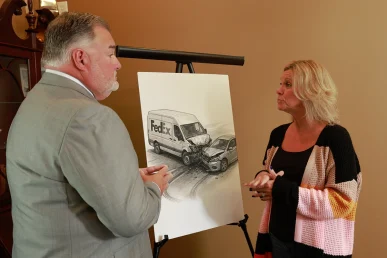 Attorney joel hamner discusses a fedex accident exhibit with a client, presenting delivery log evidence.