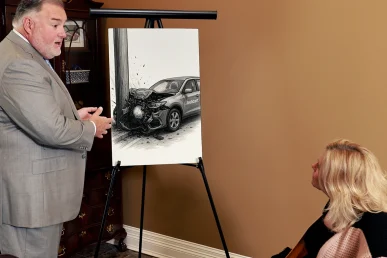 Attorney joel hamner discusses a brain injury exhibit with a client, highlighting ct scans and neurological assessments.