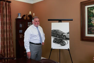 Attorney joel hamner discusses a motorcycle accident exhibit with a client, noting impact angles.