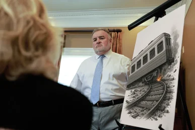 Attorney joel hamner discusses a train and light rail accident exhibit with a client, noting track signal data.