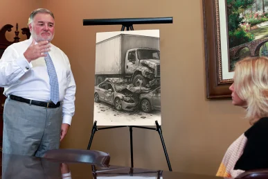Attorney joel hamner discusses a wrongful death exhibit with a client, highlighting compassionate but firm trial evidence.