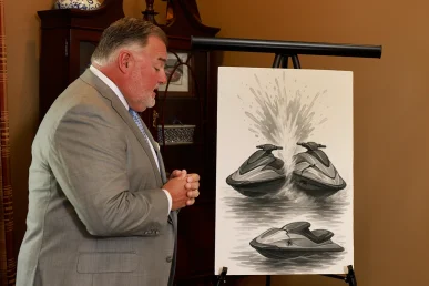 Attorney joel hamner explains a boat and jet ski accident exhibit to a client, pointing out water safety concerns.