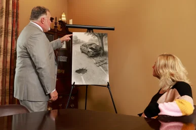 Attorney joel hamner explains a dangerous road conditions exhibit with a client, showing maintenance records and hazard photos.