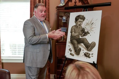 Attorney joel hamner explains a dangerous toys exhibit to a client, outlining defective design findings.