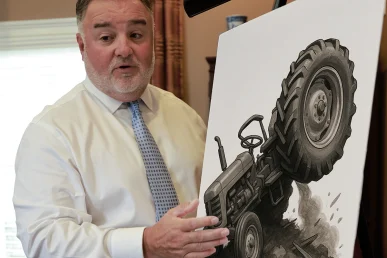Attorney joel hamner explains a tractor accident exhibit to a client, focusing on equipment malfunction analysis.