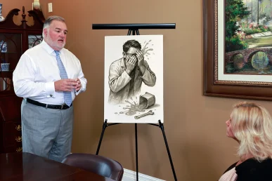 Attorney joel hamner explains a vision loss exhibit to a client, featuring ophthalmology reports.