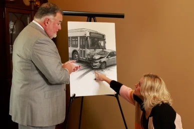 Attorney joel hamner goes over a bus accident exhibit with a client, covering route maps and collision diagrams.