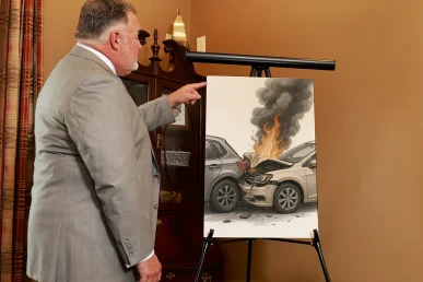 Attorney joel hamner presents a burn injury exhibit with a client, noting fire investigation findings and medical treatments.