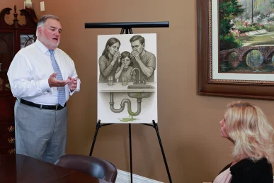 Attorney joel hamner presents a water contamination exhibit with a client, noting lab results and area maps.