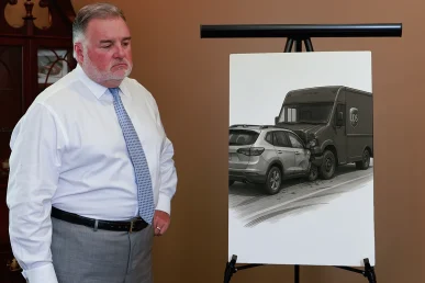 Attorney joel hamner reviews a ups accident exhibit with a client, showing delivery log details.