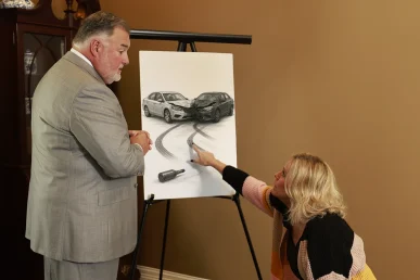 Attorney joel hamner reviews a drunk driving accident exhibit with a client, focusing on police reports and test results.