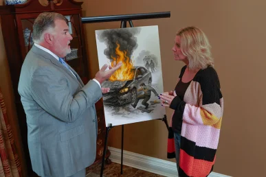 Attorney joel hamner reviews a fire related accident exhibit with a client, covering fire investigation findings.