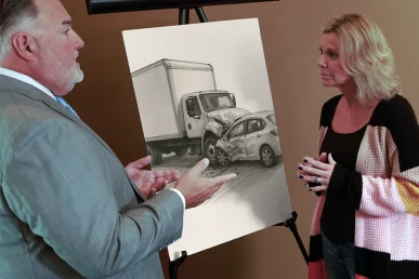 Attorney joel hamner reviews a moving truck accident exhibit with a client, tracing route and speed data.