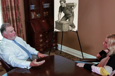 Attorney joel hamner reviews a strains and contusions exhibit with a client, showing treatment records.