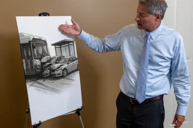 Lawyer thomas mccutcheon discusses a bus stop accident court room exhibit.