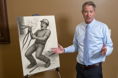 Lawyer thomas mccutcheon examines electrocution accident using a courtroom exhibit.