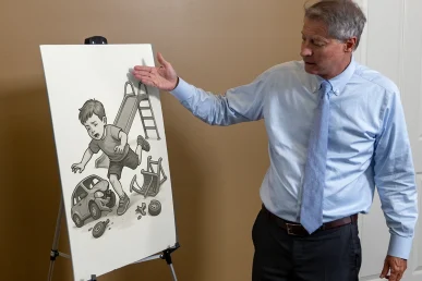 Lawyer tom mccutcheion discusses a day care accident exhibit for an upcomming trial.