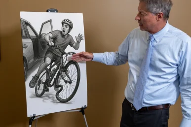 Lawyer tom mccutcheon discusses a court room exhibit for a bicycle accident case.