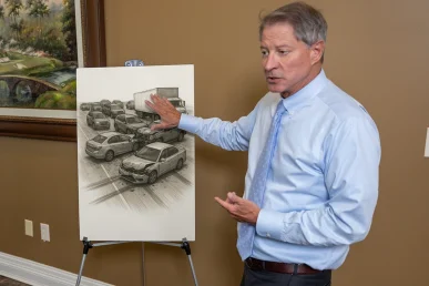 Lawyer tom mccutcheon discusses an exhibit for a freeway accident.