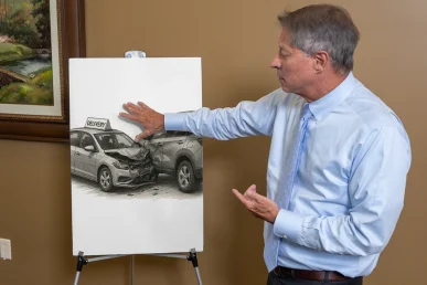 Lawyer tom mccutcheon discusses food delivery accident using a courtroom visual exhibit of an accident.