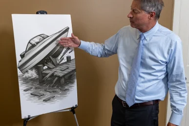 Lawyer tom mccutcheon disscusses a court room exhibit of a boat accident.