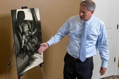 Lawyer tom mccutcheon shows a defective car seat exhibit for upcoming trial.