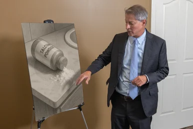 Lawyer tom mccutcheon details a talcum powder injury exhibit showing product tests and scientific studies.