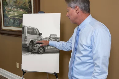 Lawyer tom mccutcheon discusses a grubhub accident exhibit showing delivery route details and crash points.