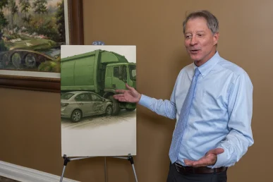 Lawyer tom mccutcheon discusses a garbage truck accident exhibit highlighting route data and eyewitness statements.