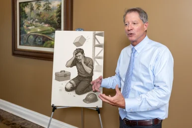 Lawyer tom mccutcheon examines a brain injury exhibit showing ct scans and neurological assessments.