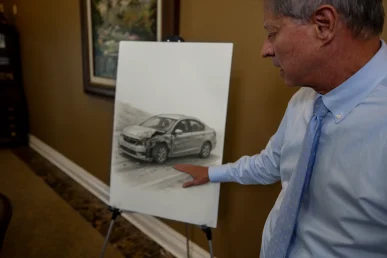 Lawyer tom mccutcheon examines a hit and run exhibit with traffic camera stills and witness statements.