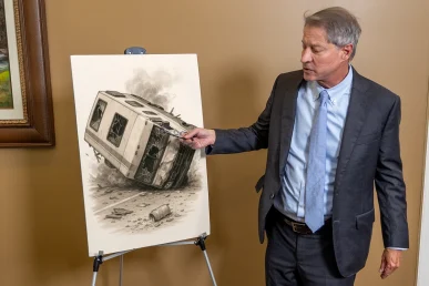 Lawyer tom mccutcheon examines a recreational vehicle accident exhibit with campsite photos and crash diagrams.