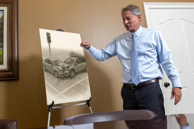 Lawyer tom mccutcheon examines a side impact collision exhibit highlighting door intrusion and passenger injury risk.