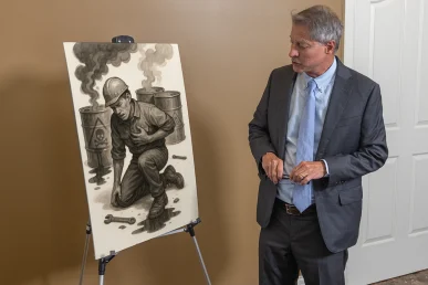 Lawyer tom mccutcheon examines a toxic exposure exhibit mapping contamination sites and medical findings.