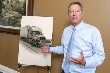 Lawyer tom mccutcheon explains a big rig accident exhibit with highway diagrams and crash scene photos.