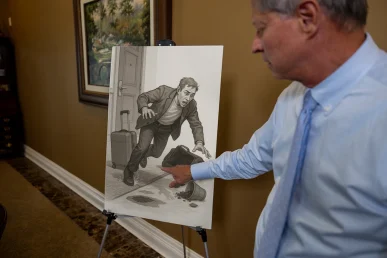 Lawyer tom mccutcheon explains a hotel accident exhibit focused on unsafe stairwell conditions.