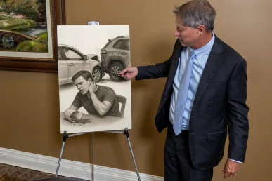Lawyer tom mccutcheon explains a neck injury exhibit showcasing x rays and treatment plans.