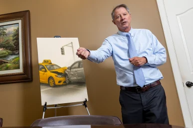 Lawyer tom mccutcheon explains a taxi accident exhibit with driver logs and witness accounts.