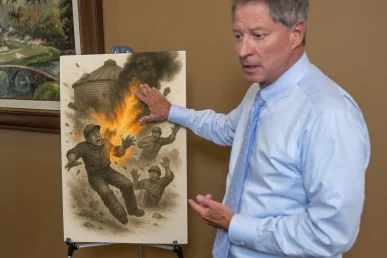 Lawyer tom mccutcheon explains the grain bin explosion exhibit, outlining the blast sequence for a complex injury case.