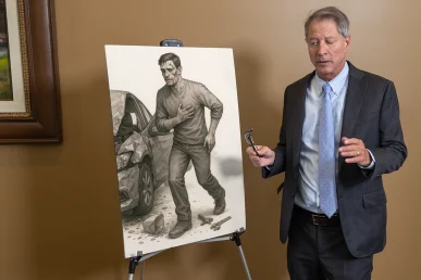 Lawyer tom mccutcheon highlights a scars and disfigurement exhibit showing before and after medical photos.