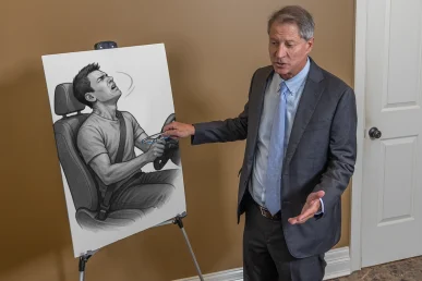 Lawyer tom mccutcheon highlights a whiplash and neck injury exhibit with accident scene diagrams and medical scans.