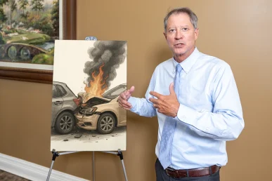 Lawyer tom mccutcheon presents a burn injury exhibit with medical treatment photos and fire safety analysis.