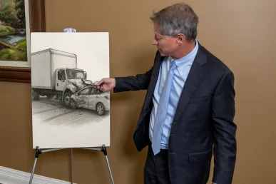 Lawyer tom mccutcheon presents a moving truck accident exhibit with highway patrol findings and route details.
