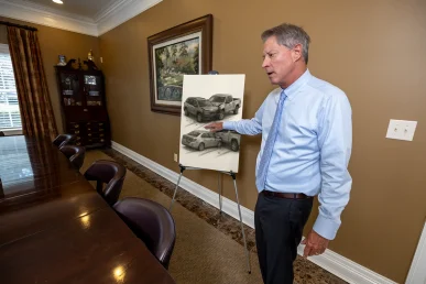 Lawyer tom mccutcheon presents a multiple vehicle collision exhibit tracing chain reaction impacts.