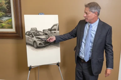 Lawyer tom mccutcheon presents a pizza delivery accident exhibit featuring route maps and witness testimony.