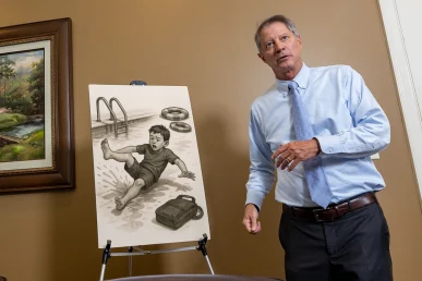 Lawyer tom mccutcheon presents a swimming pool accident exhibit highlighting inadequate safety precautions.