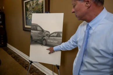 Lawyer tom mccutcheon presents an exhibit showing delivery route data in an instacart accident case.