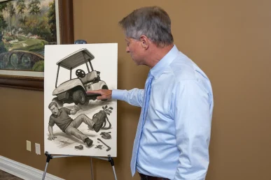 Lawyer tom mccutcheon reviews a courtroom exhibit detailing a golf cart accident with key evidence highlighted for the jury.