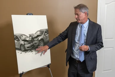 Lawyer tom mccutcheon reviews a severe injury exhibit with hospital records and long term care projections.